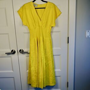 Vintage Anne Tjian for Kenar 2 100% Linen Dress‎ Size 12 Yellow Short Sleeve